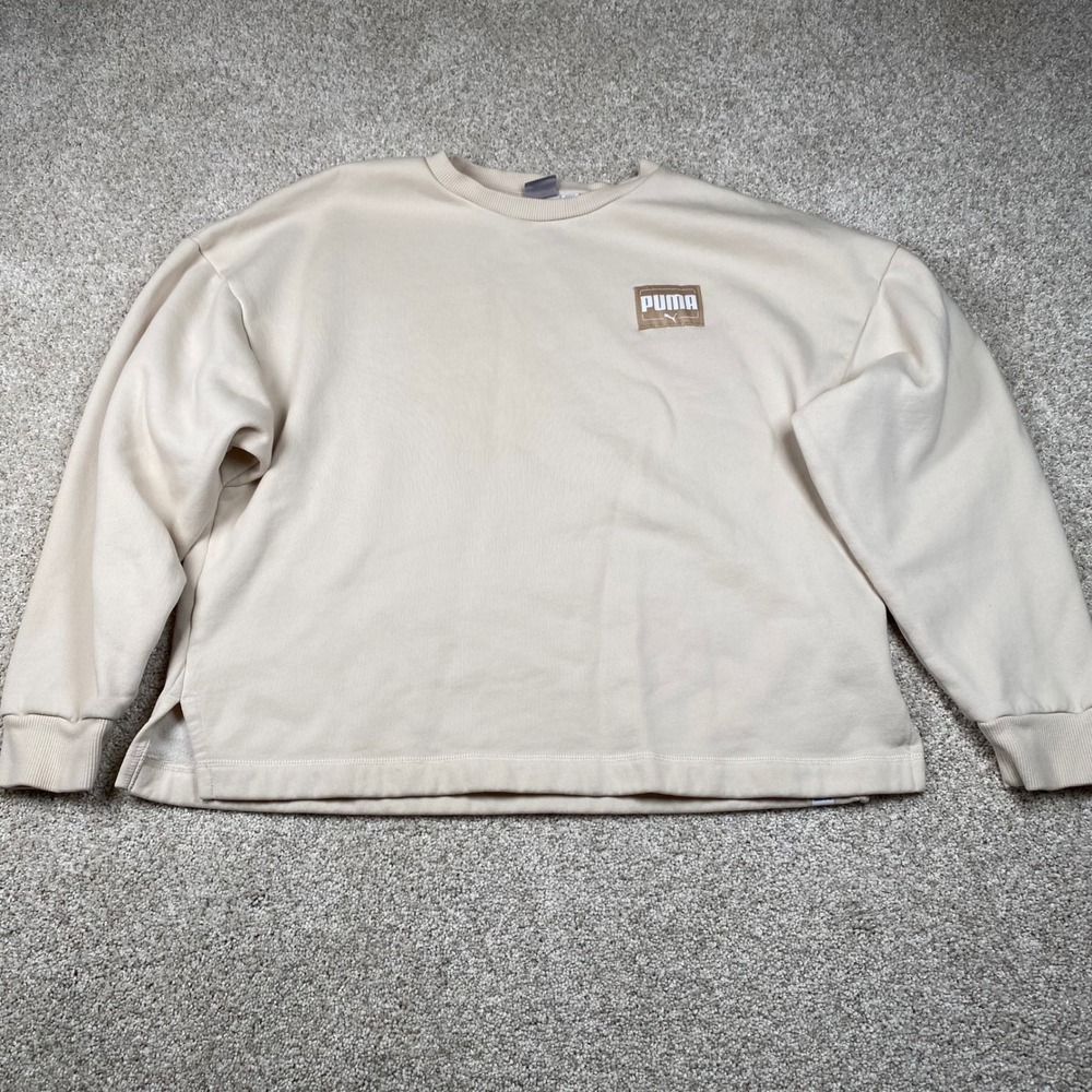 Puma Beige Crewneck Sweatshirt Womens Large Oversized Pullover Cropped Side Slit